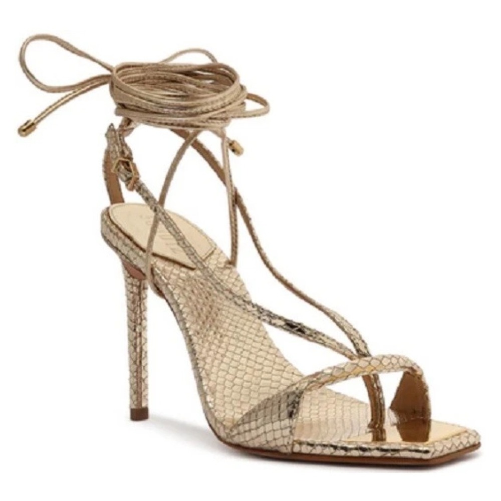 Size 9.5 - SCHUTZ Vikki Gold Strappy Lizard Square Toe Stiletto Heels‎